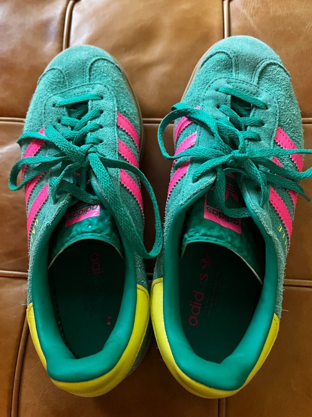 Adidas Gazelle Cute Green & Pink Suede Sneakers, Sz 6.5